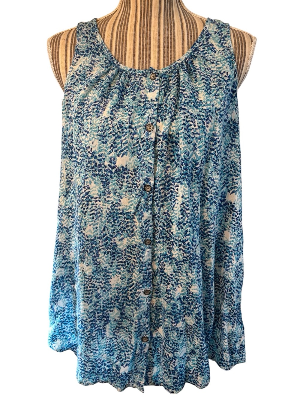 DKNY Blouse XL Blue Teal White Abstract pattern Button-Front Sleeveless Tank